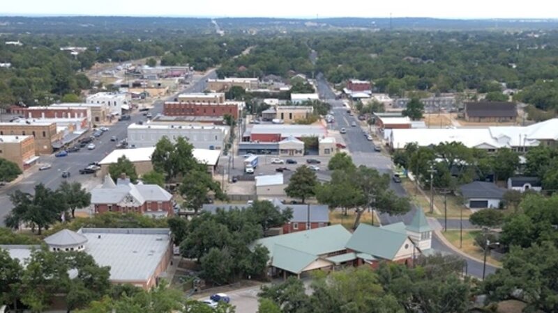 Aerial view of downtown Elgin, Texas showing small-town Texas charm